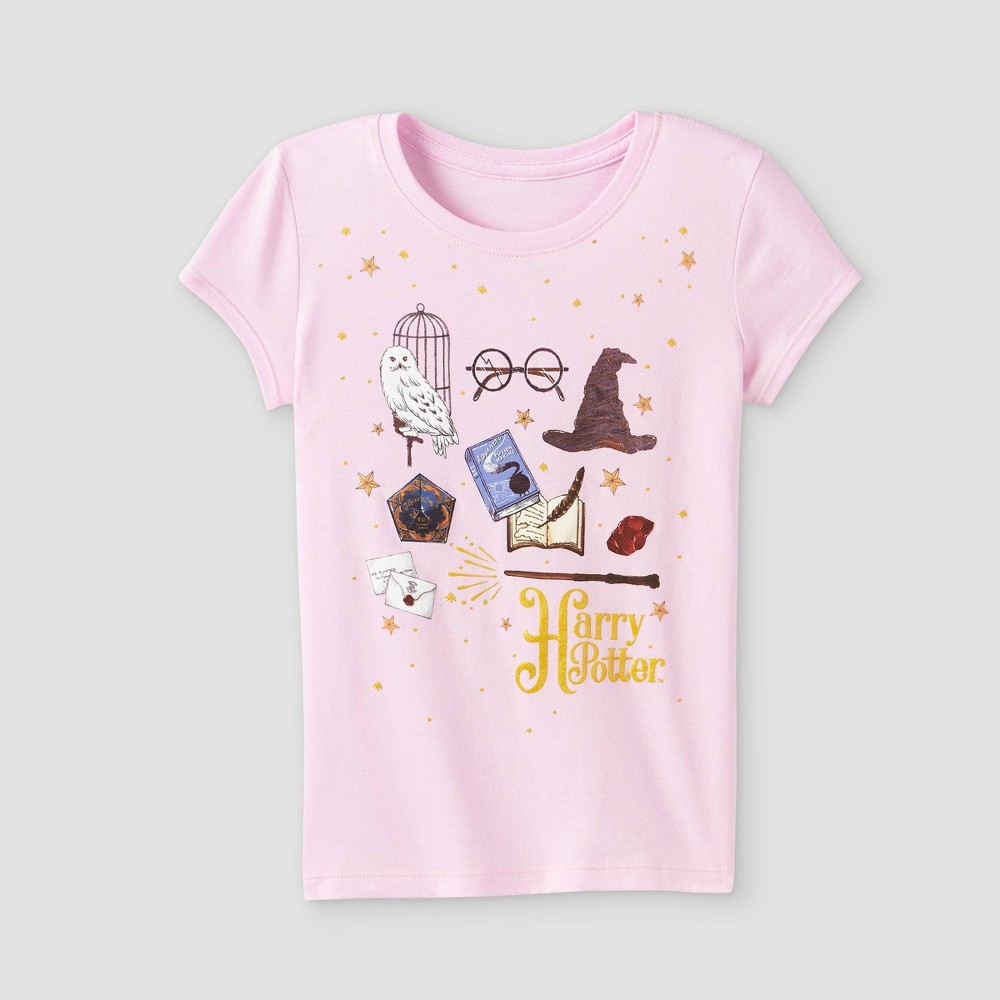 Size L (10/12) Girls' Harry Potter Icons Short Sleeve Shirt - Pink L