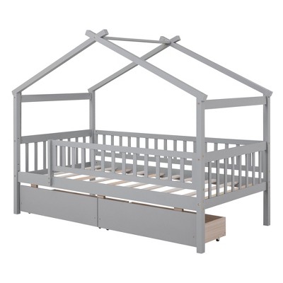 Bellemave Twin Size House Bed Frame with Two Drawers and Guardrails, Wooden Kids Platform Bed, Gray