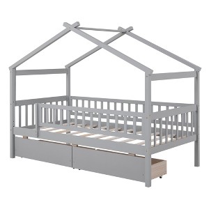 Bellemave Twin Size House Bed Frame with Two Drawers and Guardrails, Wooden Kids Platform Bed, Gray - 1 of 4