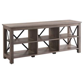 58" Open Back TV Stand in Gray Oak Wood with Metal Black Accents - Henn&Hart