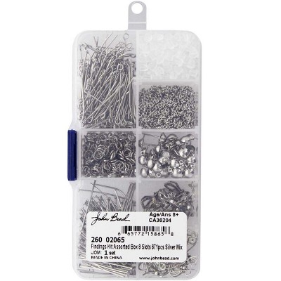 John Bead 671pcs 8 Slots Round Jewelry Silver Findings Kit Assortment Box