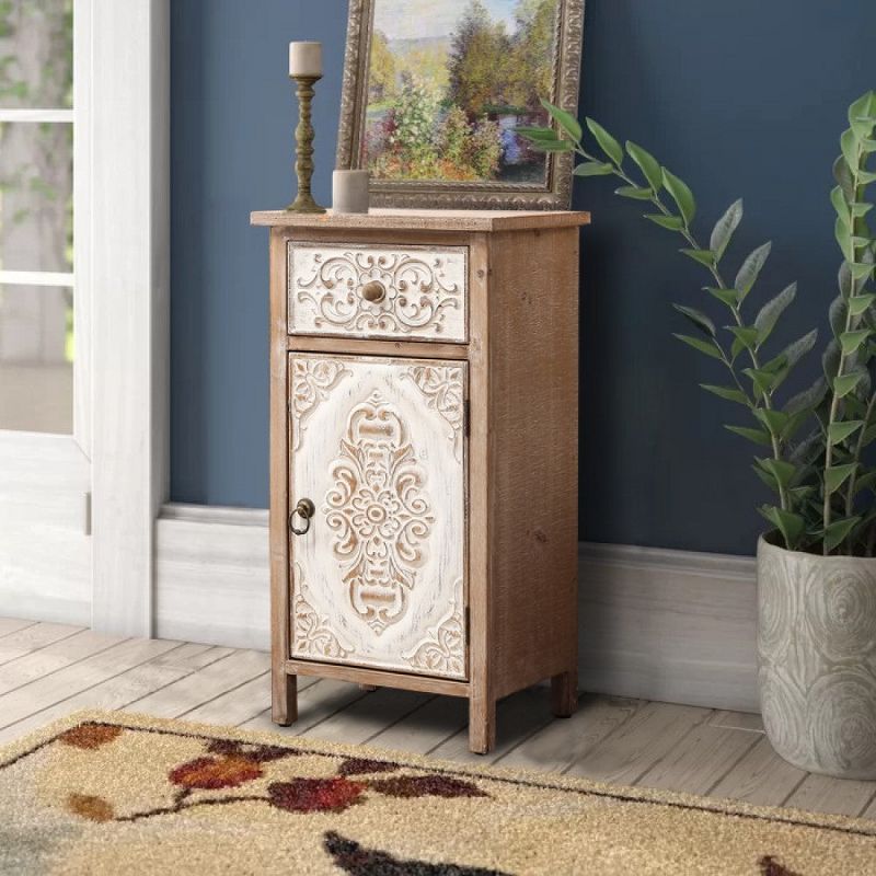 LuxenHome Floral Carved Wood 1-Door 1-Drawer End Table with Storage. Brown, 3 of 17