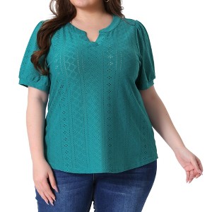Agnes Orinda Women's Plus Size Summer Eyelet V Neck Short Sleeve Blouse - 1 of 4