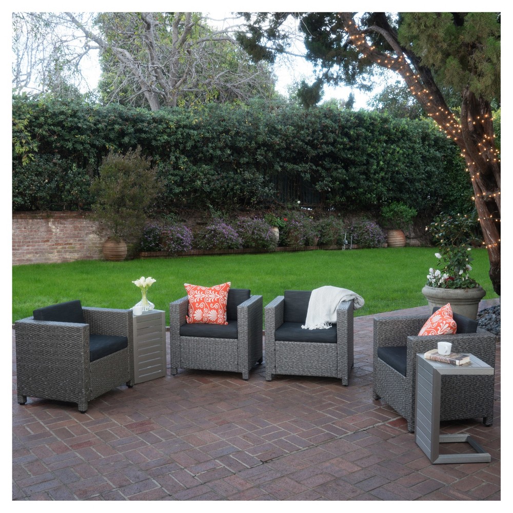Puerta 6pc All-Weather Wicker Patio Club Chairs w/ Metal Side Tables - Black/Silver - Christopher Knight Home
