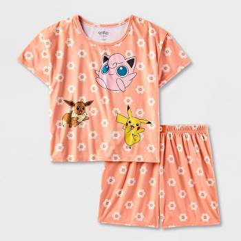 Girls' Pokemon Pikachu 2pc Short Sleeve Top and Shorts Pajama Set - Peach Orange