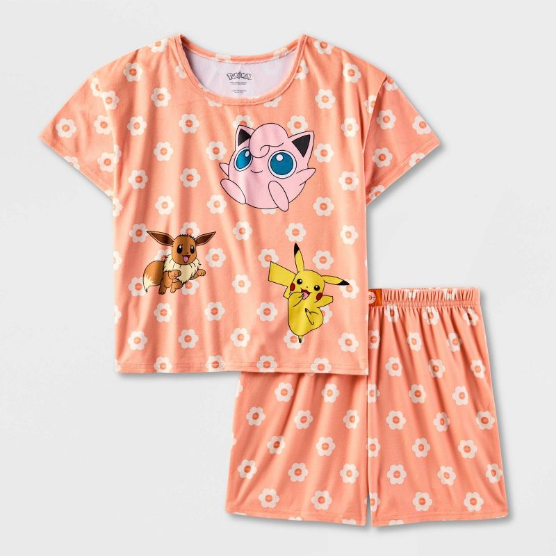Girls&#39; Pokemon Pikachu 2pc Short Sleeve Top and Shorts Pajama Set - Peach Orange, 1 of 4