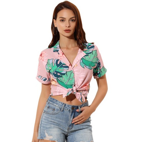 Allegra K Women's Hawaiian Floral Leaves Printed Short Sleeve Button Down  Vintage Beach Shirt Black Green Small