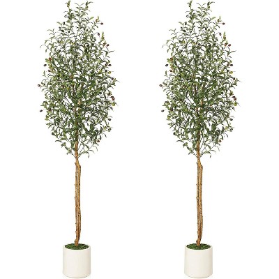 Acekool Faux Olive Tree with 2 Natural Wood Trunks, Adjustable Silk Leaves, White Cement-Filled Planter, Indoor Floor Plant, 1 or 2 PCS
