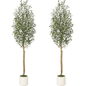 Acekool Faux Olive Tree with 2 Natural Wood Trunks, Adjustable Silk Leaves, White Cement-Filled Planter, Indoor Floor Plant, 1 or 2 PCS - 1 of 4