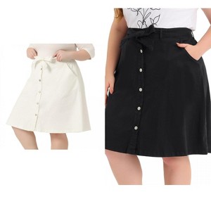 Agnes Orinda Women's Plus Size Tie Waist Button Front Pockets A-Line Midi Denim Skirts 2 Pcs - 1 of 4