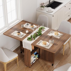 Folding Dining Table with 6 Wheels, Drop Leaf Table with Drawer & Storage Shelf, Modern Wood Kitchen and Dining Room Furniture, - 1 of 4