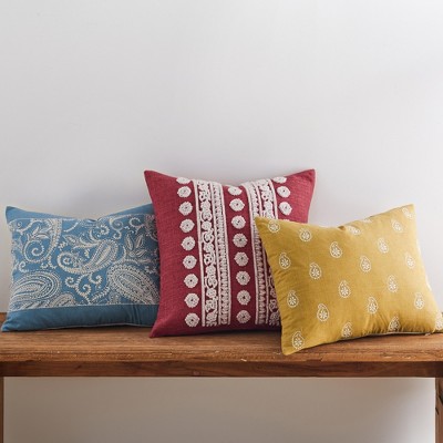 Blue and Cream Embroidered Paisley Rectangular Pillow