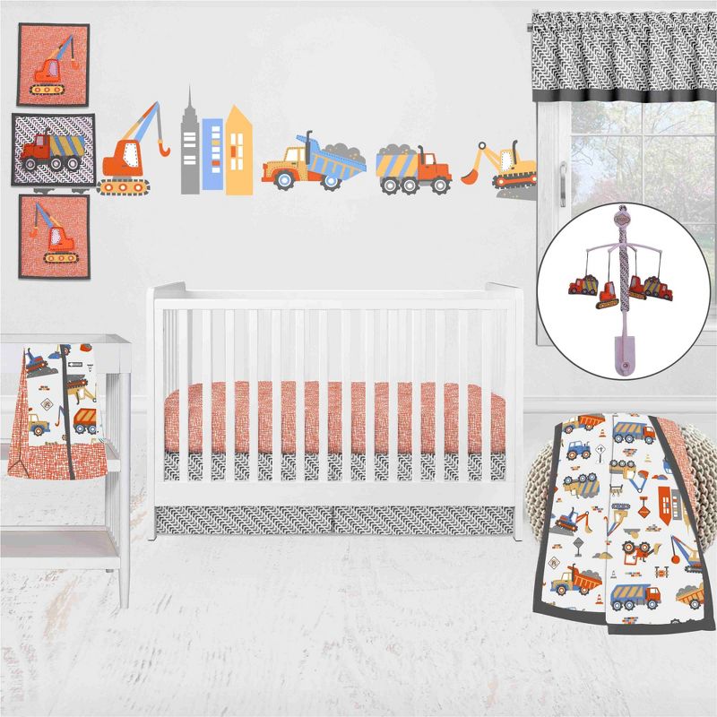 Bacati - Construction Yellow Orange Blue Gray 10 pc Crib Bedding Set with 2 Crib Fitted Sheets, 1 of 12