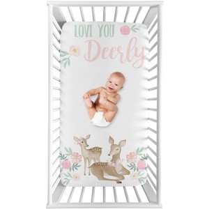 Sweet Jojo Designs Girl Photo Op Fitted Crib Sheet Deer Floral Pink Green White - 1 of 4
