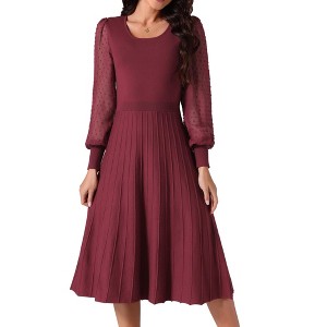 Seta T Women's Mesh Puff Long Sleeve U-neck Pleated Ribbed Knit Midi Sweater Dress - 1 of 4