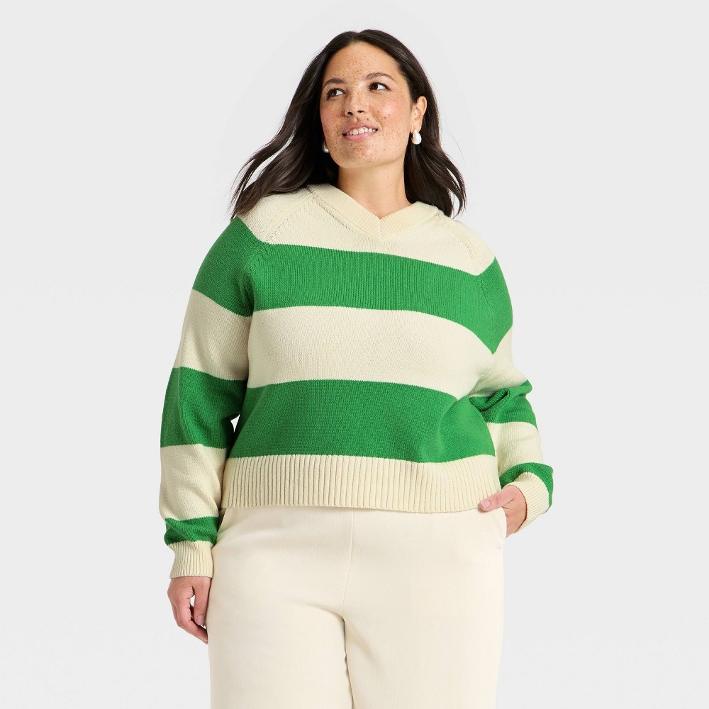 Women's Long Sleeve High V-Neck Pullover Sweater - A New Day™ Green 3X