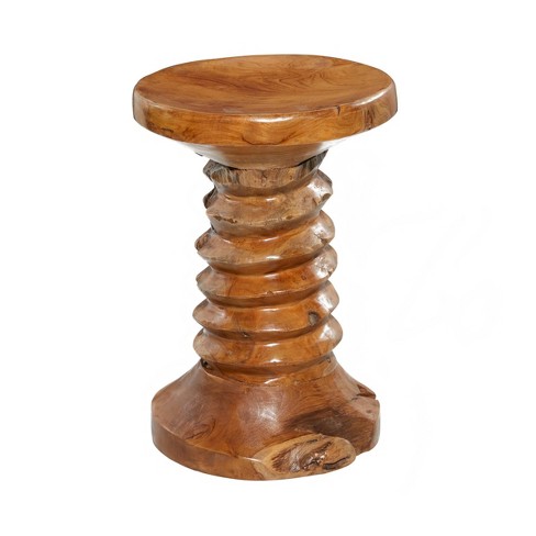 Rustic Carved Teak Wood Stool Brown Olivia May