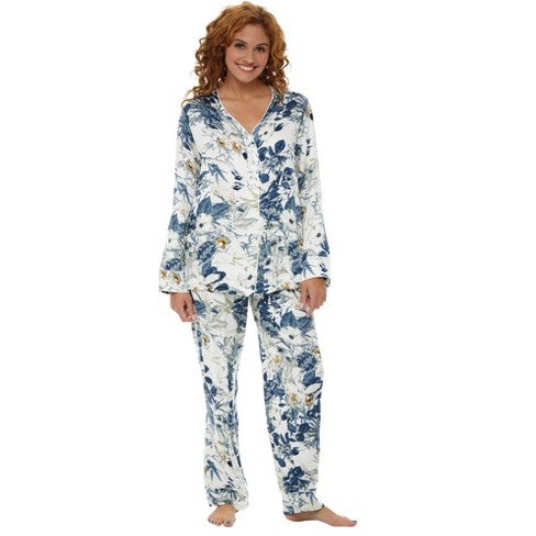 ADR Women s Floral Print Pajamas with Pockets Button Down PJ Set Blue White Floral Small