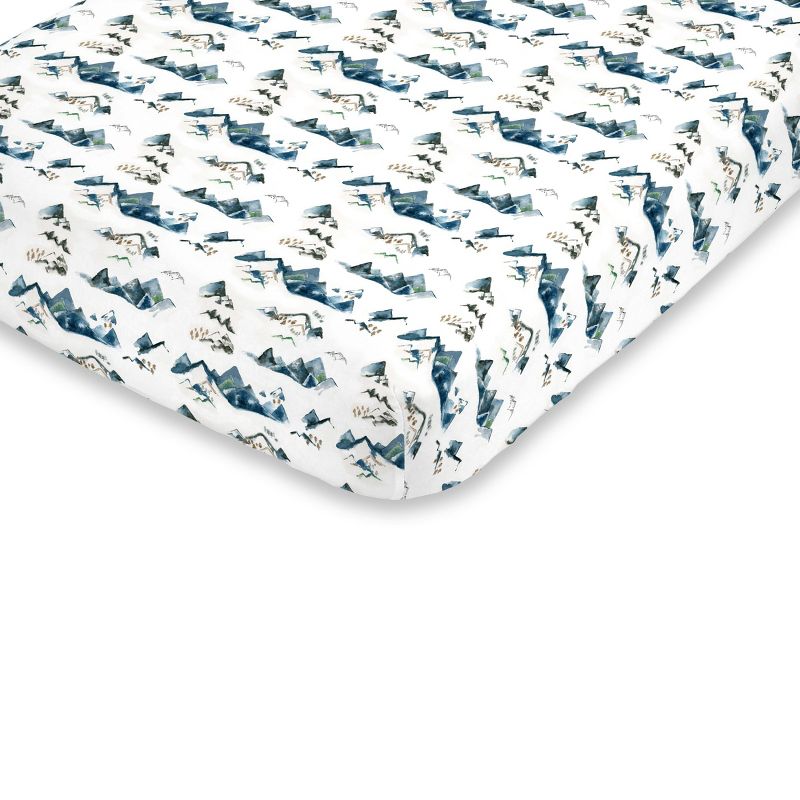 NoJo Super Soft Blue, Green, Tan and White Mountain Watercolor Fitted Crib Sheet, 1 of 5