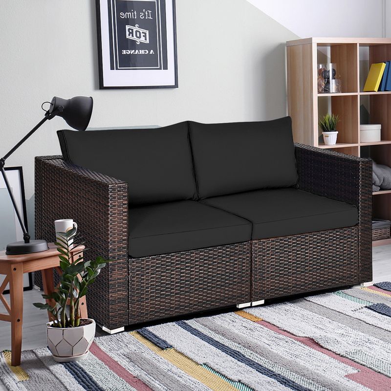 Tangkula 2PCS Rattan Corner Sofa Set Patio Outdoor Furniture Set w/ 4 Black Cushions, 3 of 11