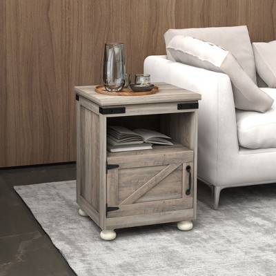 Vynxaria Farmhouse Modern Side Table with Storage - Gray, Open Shelf & Cupboard, 17.7" W x 15.4" D x 23.6" H