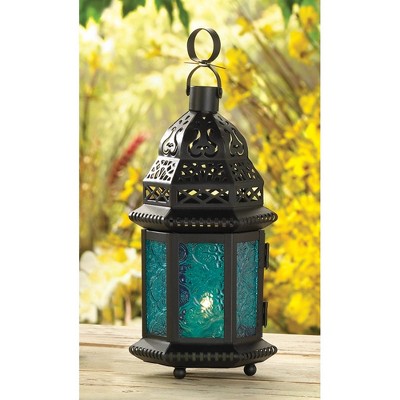 10.25" Blue and Black Iron Glass Moroccan Style Candle Lantern