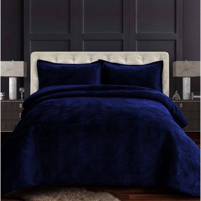 3pc Queen Capri Medallion Velvet Oversized Solid Quilt Set Navy Blue -  Tribeca Living