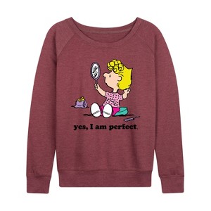 Women's - Peanuts - Yes I Am Perfect Sally Lightweight French Terry Wide Neck Long Sleeve Shirt - 1 of 4