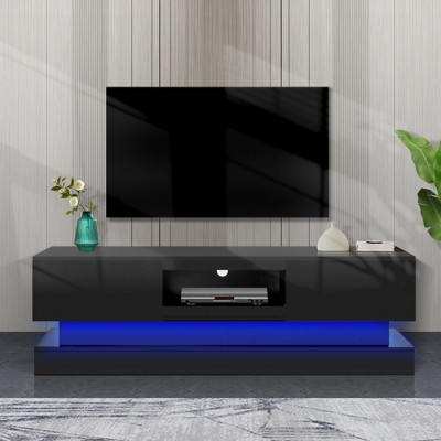 Vynxaria Modern 51.18-Inch Black TV Stand with LED Lights, High Glossy Front TV Cabinet, 51.18" x 15.75" x 19.68", for TVs Up to 65"
