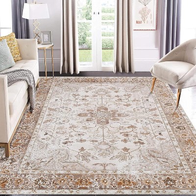 Washable Area Rug for Bedroom Vintage Low Pile Carpet Non-Slip Stain-Resistant No-Shedding Distressed Orange Dining Rugs