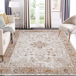 Washable Area Rug for Bedroom Vintage Low Pile Carpet Non-Slip Stain-Resistant No-Shedding Distressed Orange Dining Rugs - 1 of 4