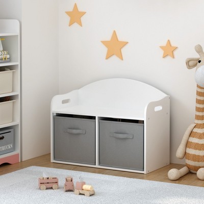 INFURNIC Utility Storage Cabinets Kids Wooden Toy Box Bench With Fabric Drawers, Toy Storage Cabinet Organizer, White, 24.61"*11.81"*19.09"