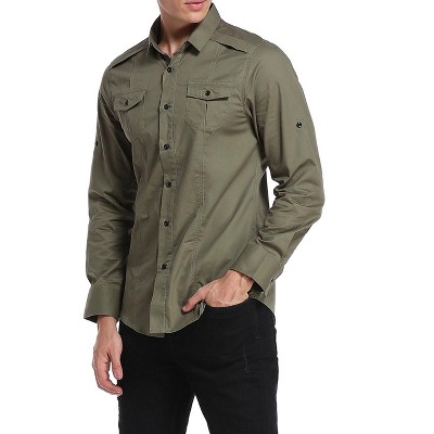 Men's  Cargo Work Shirt Military Casual Slim Fit Long Sleeve Shirts Tops