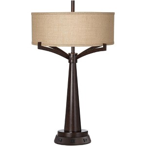 Franklin Iron Works Rustic Farmhouse Table Lamp 31 1/2" Tall with USB Power Outlets in Base Bronze Burlap Drum Shade for Bedroom Living Room Bedside - 1 of 4