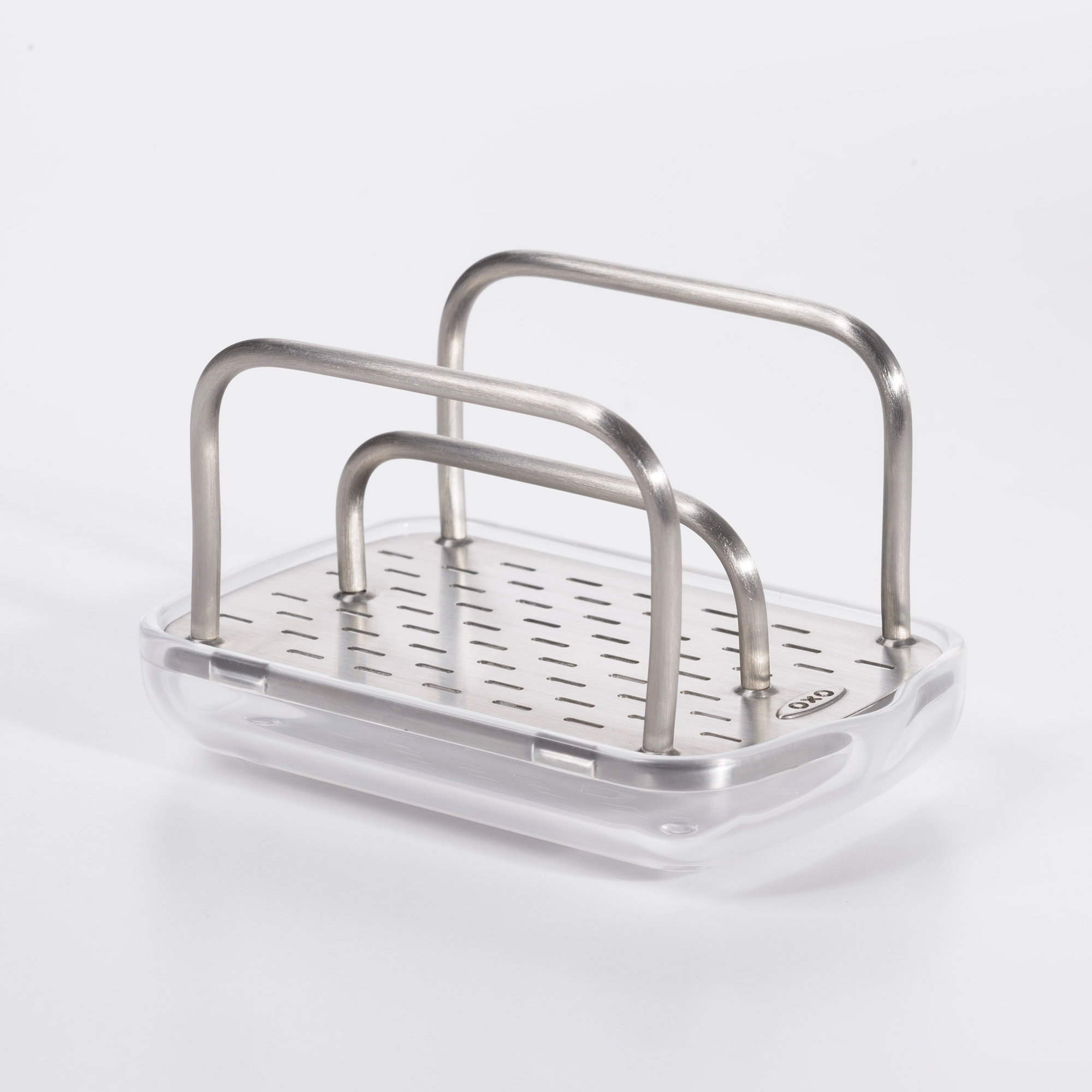 OXO Stainless Steel Sink Sponge Holder: Kitchen Caddy, Light Silver, Spot Clean, 4.25" Width, Lifetime Warranty