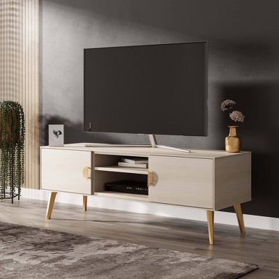 Haley White Wood Mid-Century Modern TV Stand with Cabinet