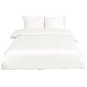 PiccoCasa Silk Satin Solid Reversible Bed Duvet Cover Set with Corner Straps 3 Pcs - 1 of 4