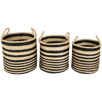 Northlight Set of 3 Khaki and Black Woven Seagrass Striped Storage Baskets with Handles 15.25"