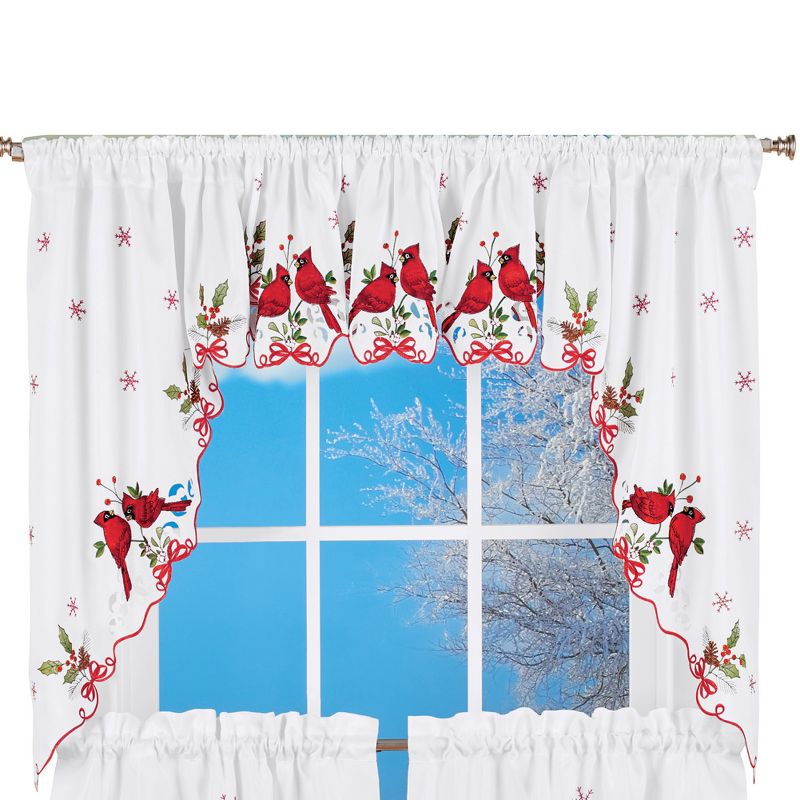 Collections Etc Embroidered Winter Cardinals Window Curtain Panels Collection, Red, Green and White Christmas Accents, 1 of 3