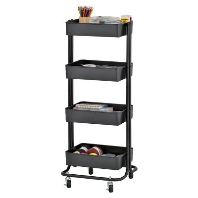 Black 4-Tier Metal Rolling Utility Cart with Mesh Baskets