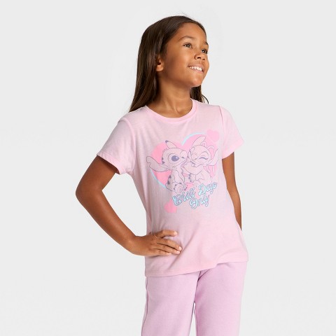 Disney Girls' Stitch and Angel 'Chill Days Only' Short Sleeve Graphic T-Shirt - Light Pink XL