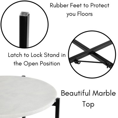 Round Marble Top Folding Side Table with Black Metal Legs