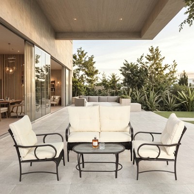4 Piece Outdoor Patio Furniture Set, Wicker Conversation Set with Coffee Table, Modern Bistro Set with Cushion for Backyard Balcony Poolside