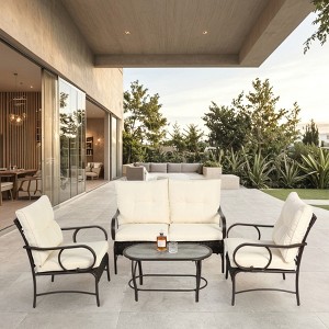 4 Piece Outdoor Patio Furniture Set, Wicker Conversation Set with Coffee Table, Modern Bistro Set with Cushion for Backyard Balcony Poolside - 1 of 4