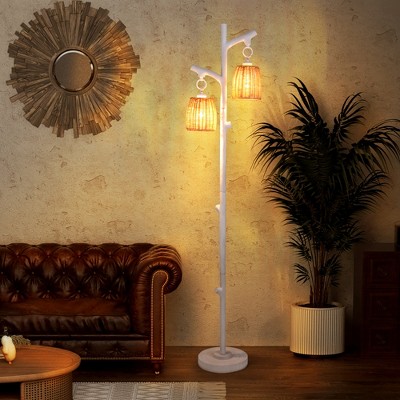 White Faux Wood Adjustable Floor Lamp with Wicker Shades