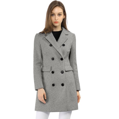 Allegra K Women's Long Jacket Notched Lapel Double Breasted Trench Coat ...
