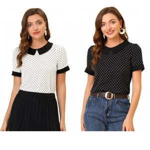 Allegra K Women's Peter Pan Collar Keyhole Back Vintage Polka Dots Blouses 2 Packs - 1 of 4