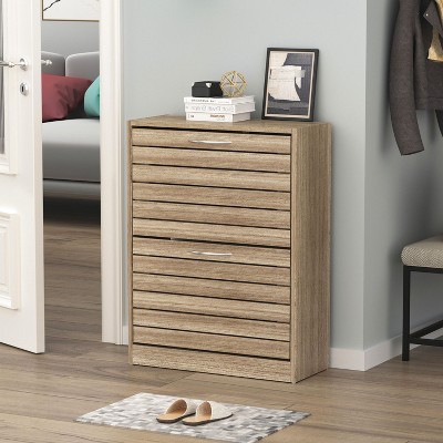 Natural Wood Shoe Storage Cabinet with Louver Doors and Flip Drawers