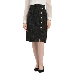 Allegra K Women's Plaid Tweed High Waist Button Decor Shiny Business Elegant Midi Skirt - 1 of 4