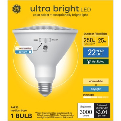 GE 250W Ultra Bright PAR38 LED Floodlight: Dimmable, 3000 Lumens, 3000K, E26 Base, Suitable for Wet Locations